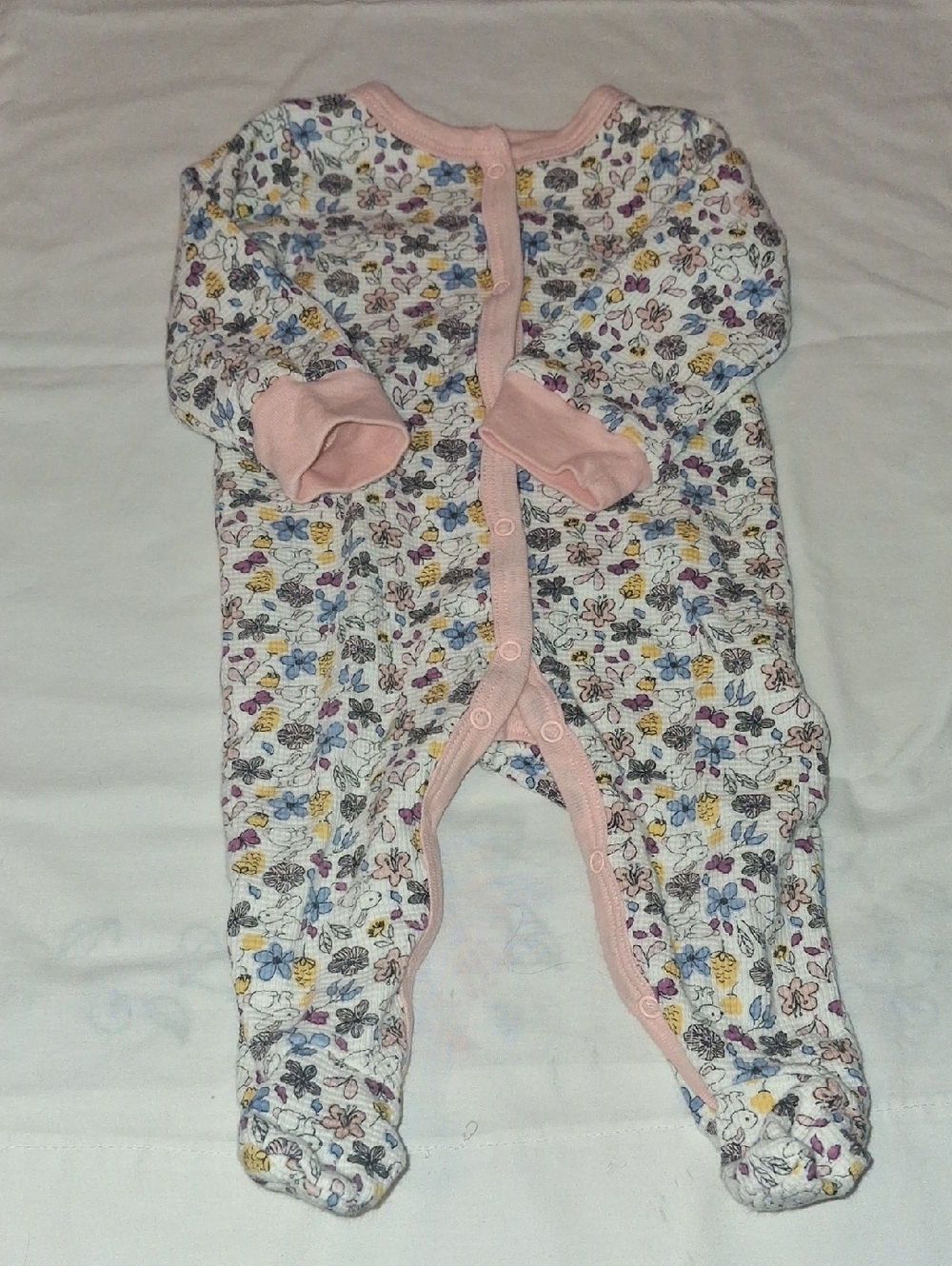 Baby Floral Footed One-Piece with Pink Trim